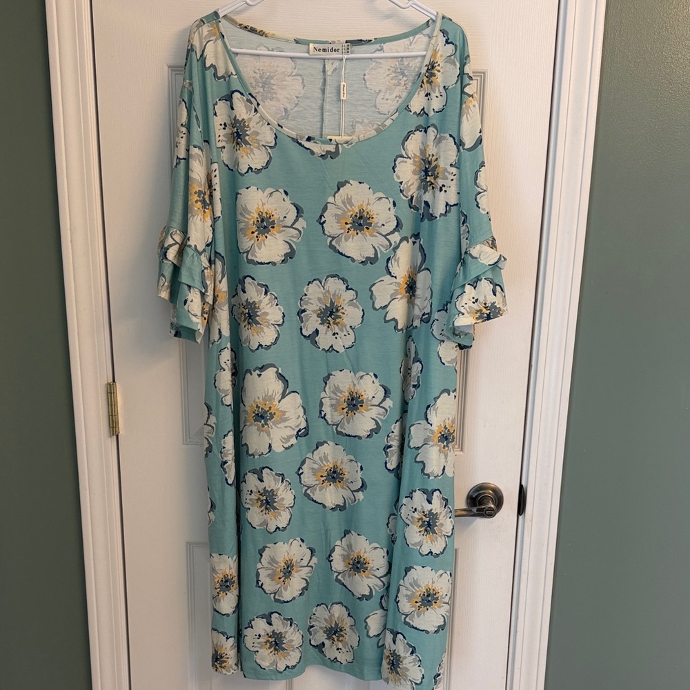 Nemidor Mint Floral Ruffle-Sleeve Midi Dress